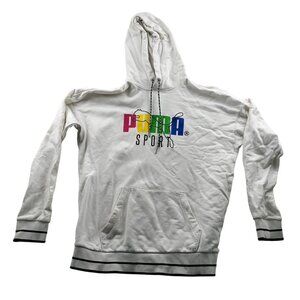 Puma Womens Hoodie Sweatshirt Medium Pullover Graphic Print White Drawstring